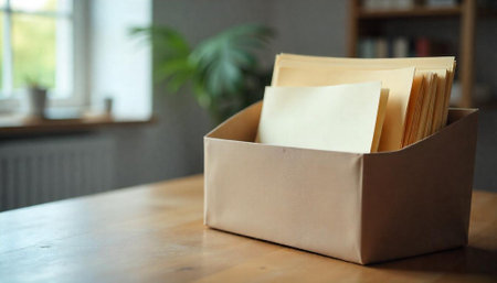 Box of paperwork documents on wooden desk against plantの写真素材
