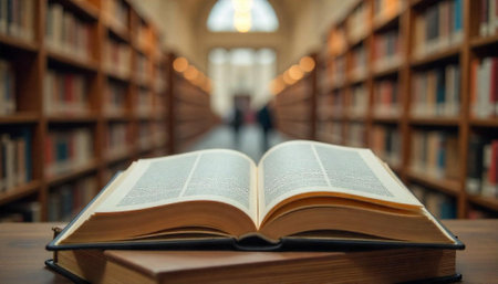Open book on stack in library with soft focusの写真素材