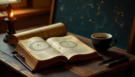 Antique astronomy book open with a cup of coffeeの写真素材