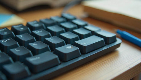 Close-up mechanical keyboard with low-profile keycaps on wooden deskの写真素材