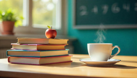 Cozy learning environment with books apple and steaming coffeeの写真素材