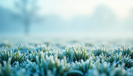 Frost covered grass landscape on cold winter morning groundの写真素材