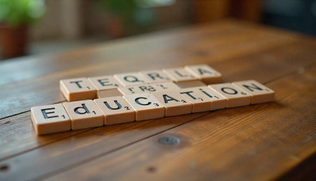 Education word tiles on a wooden surface concept