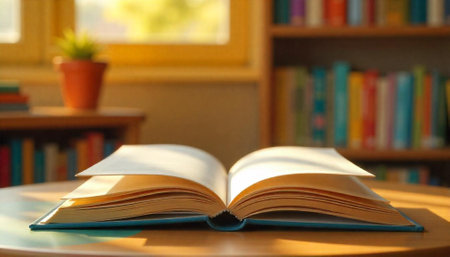 Open book on table with bookcase in soft focus