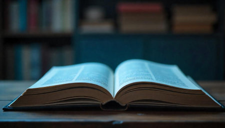 Open book on wood table with bookshelf backgroundの写真素材