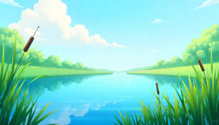 Peaceful lake illustration with blue sky and green vegetationの写真素材