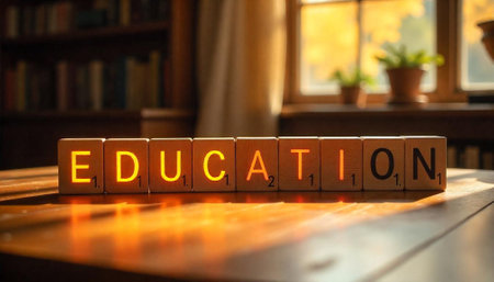 Education spelled in wooden blocks with backlighting on desk