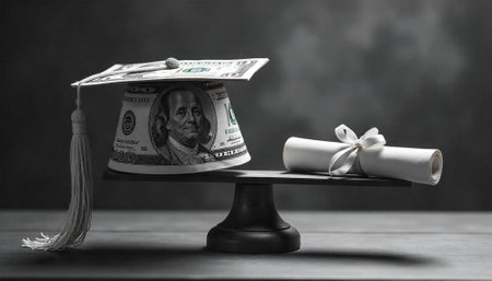 Graduation cap made from money with degree on scaleの写真素材