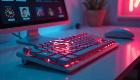 Keyboard displaying graduation cap over computer setup with online coursesの写真素材