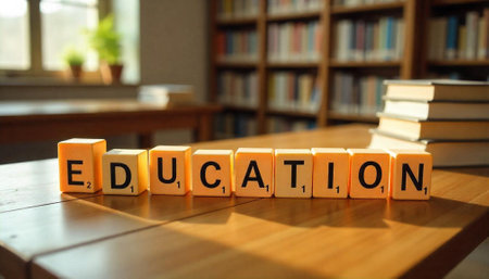 Education word built from toy blocks in a library