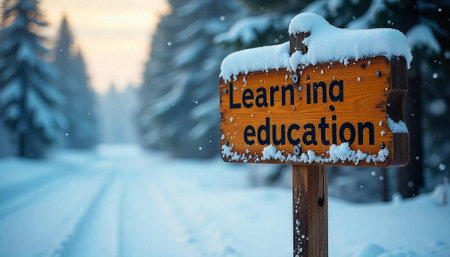 Education signpost covered in snow in winter landscape