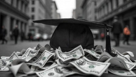 Graduation cap on money pile represents financial success