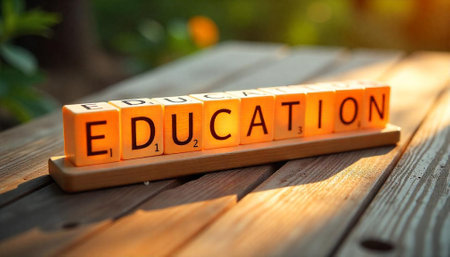 Education spelled out with orange tiles on wooden surfaceの写真素材