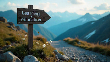 Directional wooden sign on a mountain trail for educationの写真素材