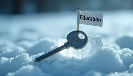 The key to education resting on ice with a flag