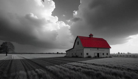 Dramatic barn with red roof under cloudy grey sky