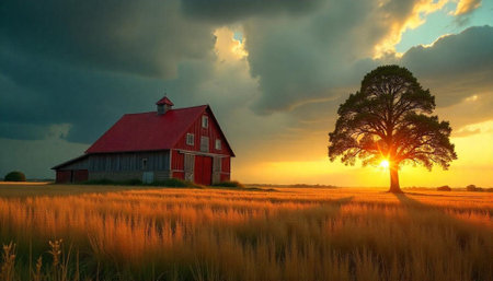 Red barn and sunlit tree on a farm landscapeの写真素材