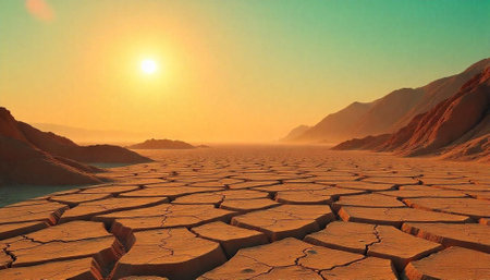 Arid desert landscape with cracked earth and distant mountainsの写真素材