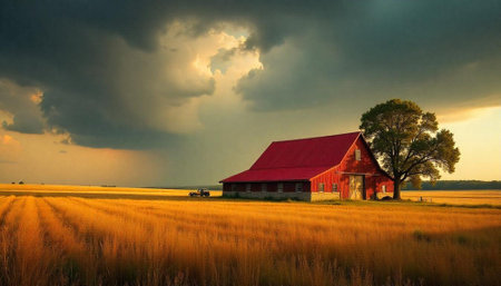 Golden wheat field with red barn beneath stormy skies