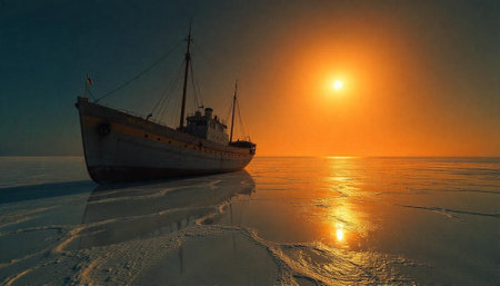 Old shipwreck on a frozen surface during golden hourの写真素材