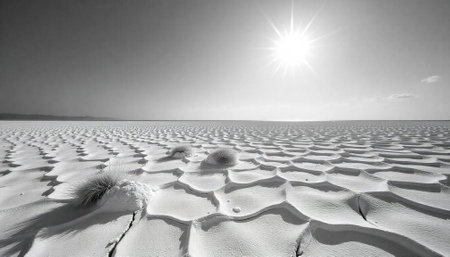 Monochrome salt flat landscape with cracked earth and bright sunの写真素材