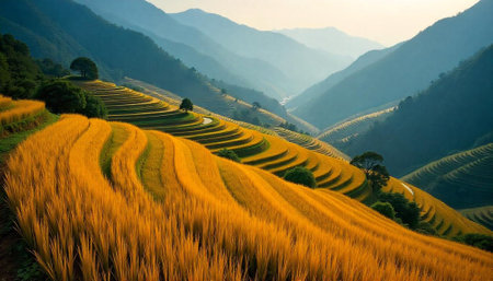 Golden rice terraces cascade through rolling hills landscapeの写真素材