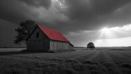 Rustic barn under dramatic sky in rural grayscale landscapeの写真素材