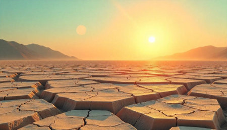 Parched Earth at Sunset: A Cracked Landscape Under Warm Skyの写真素材