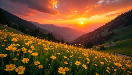 Scenic mountain landscape with vibrant yellow flowers at sunsetの写真素材