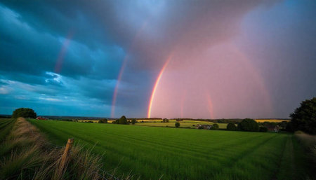 Vibrant rainbows over a lush green field landscape imageの写真素材