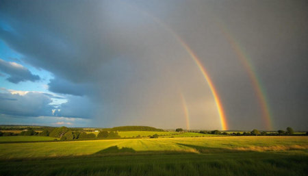 Vibrant double rainbow over a sunlit agricultural landscapeの写真素材