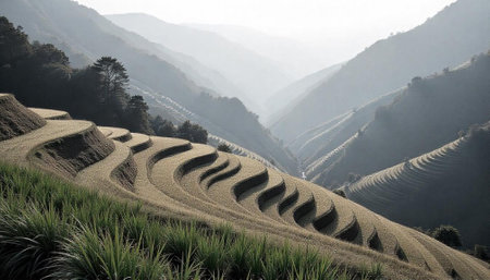 Scenic rice terraces cascade down mountainside in soft lightの写真素材