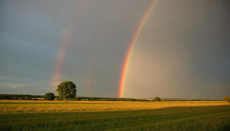 Landscape with double rainbow over field under stormy skiesの写真素材