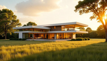 Modern architectural marvel home exterior in a golden light