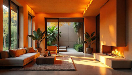 Warm modern living room with fireplace and natural light