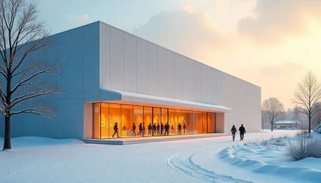 Modern building exterior in winter with walking peopleの写真素材