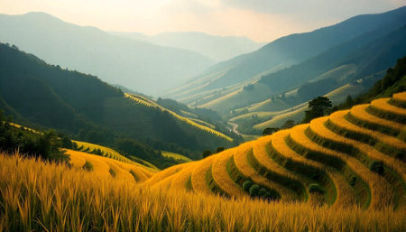 Golden rice terraces cascade through a mountainous landscape vistaの写真素材