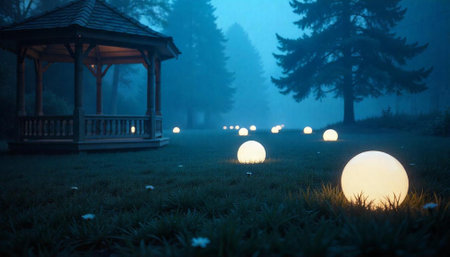 Mystical glowing orbs illuminate a dreamy twilight landscape sceneの写真素材