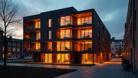 Modern apartment building exterior at dusk with warm lighting