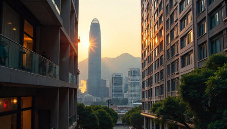 Hong Kong skyline at sunset between urban buildingsの写真素材