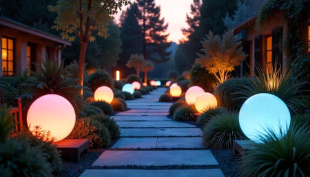 Illuminated spheres light up a pathway at duskの写真素材