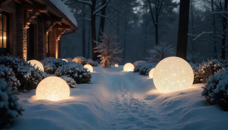 Winter illumination landscape with glowing spheres and snowy path