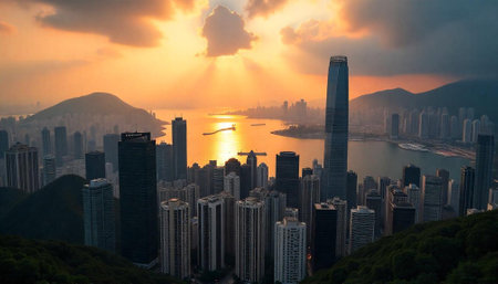 Hong Kong Skyline at Sunset Basking in Golden Lightの写真素材