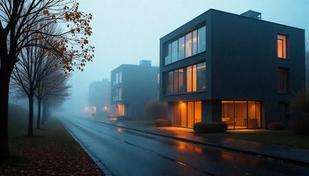 Modern townhouses in a misty, moody, monochromatic urban landscape