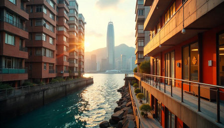 Hong Kong Skyline View from Waterfront Apartments at Sunset
