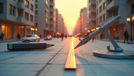 Architectural tools on street creating perspective with city backgroundの写真素材
