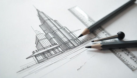 Architectural sketch of skyscraper with drawing tools on paper