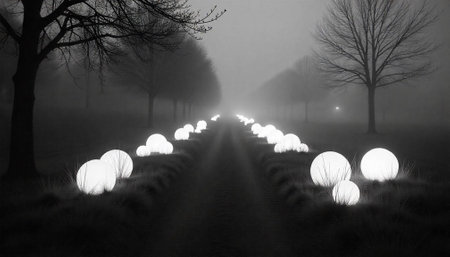 Mystical path illuminated by glowing orbs in dense fogの写真素材