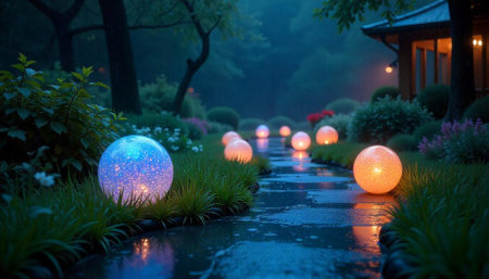 Illuminated orbs glow in a tranquil, rainy Japanese gardenの写真素材