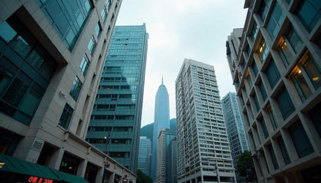 Modern Skyscrapers from Street Level in Hong Kong, China